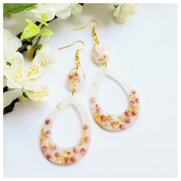 Statement Earrings Gold and Blush Pink Floral Milk Bath Handmade Teardrop Dangle - Picture 3 of 12